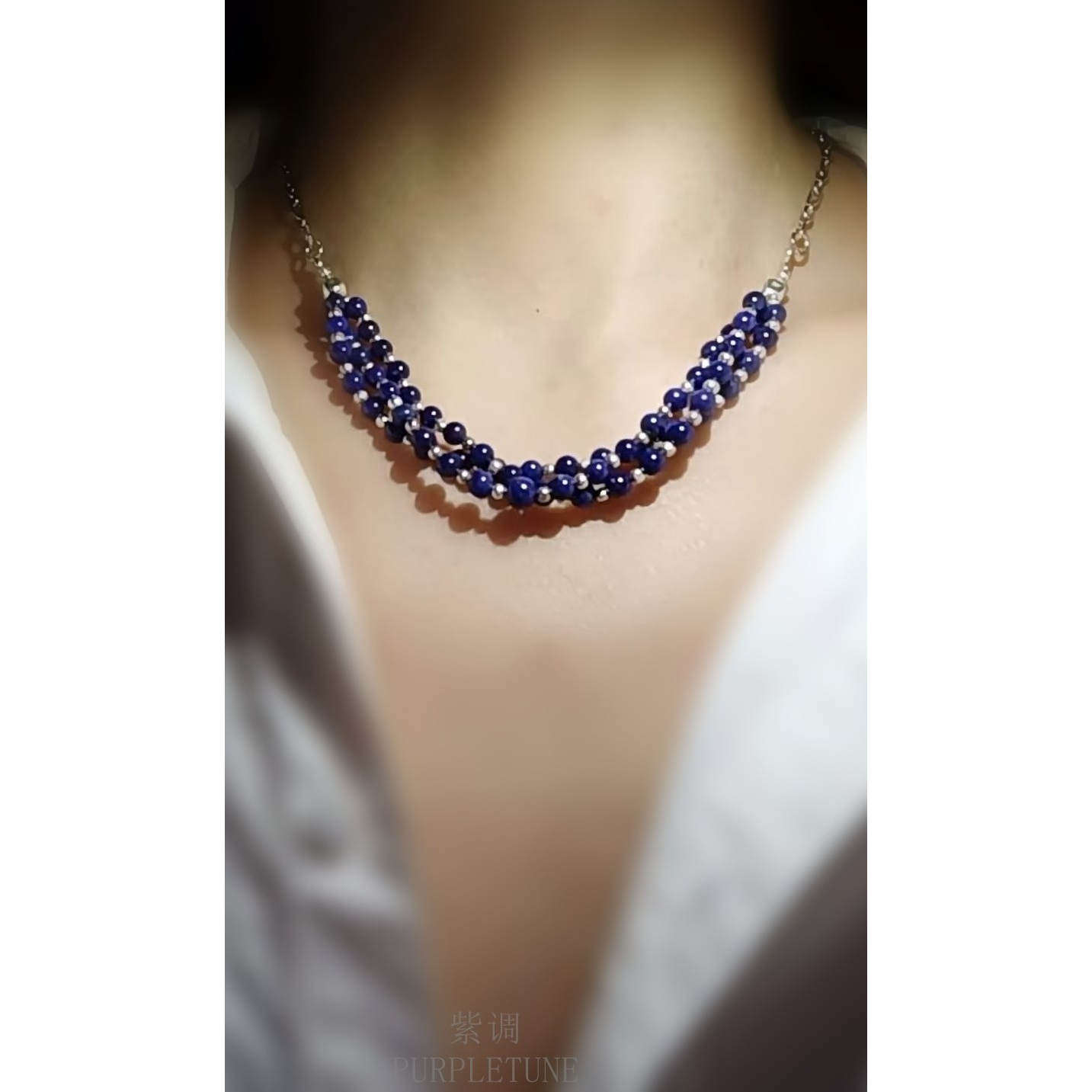 原创青金石绿松石925纯银多层项链可调节 - 图0