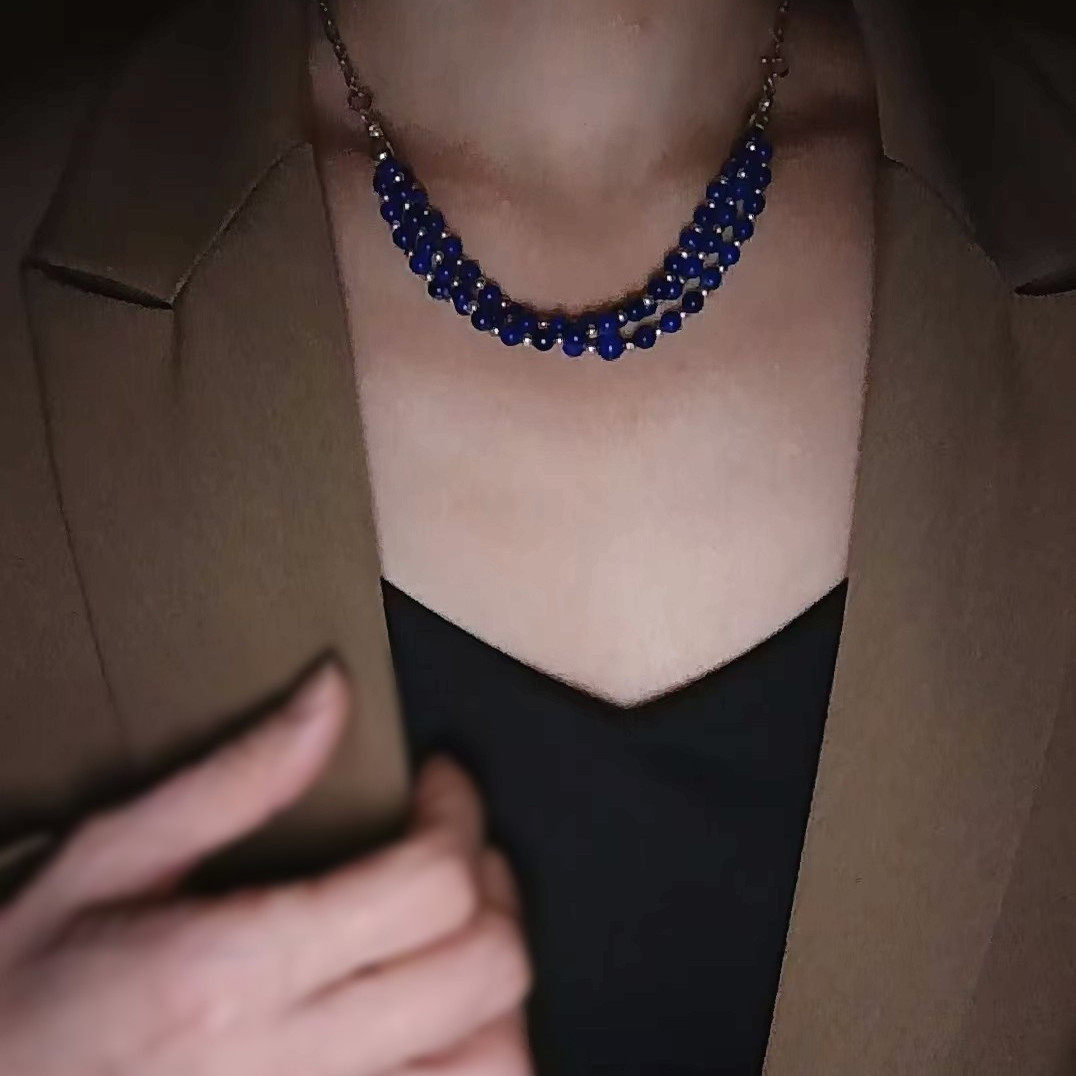 原创青金石绿松石925纯银多层项链可调节 - 图1