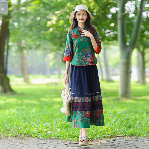 复古风民族风春秋七分袖上衣大摆裙两件套棉麻套装女民国风时尚裙 - 图3