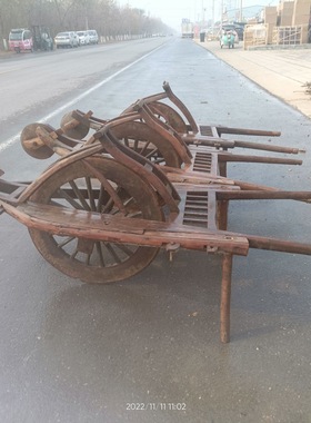 民俗老物件古代老木车木轮小推车生产队独轮推土车影视道具黄包车
