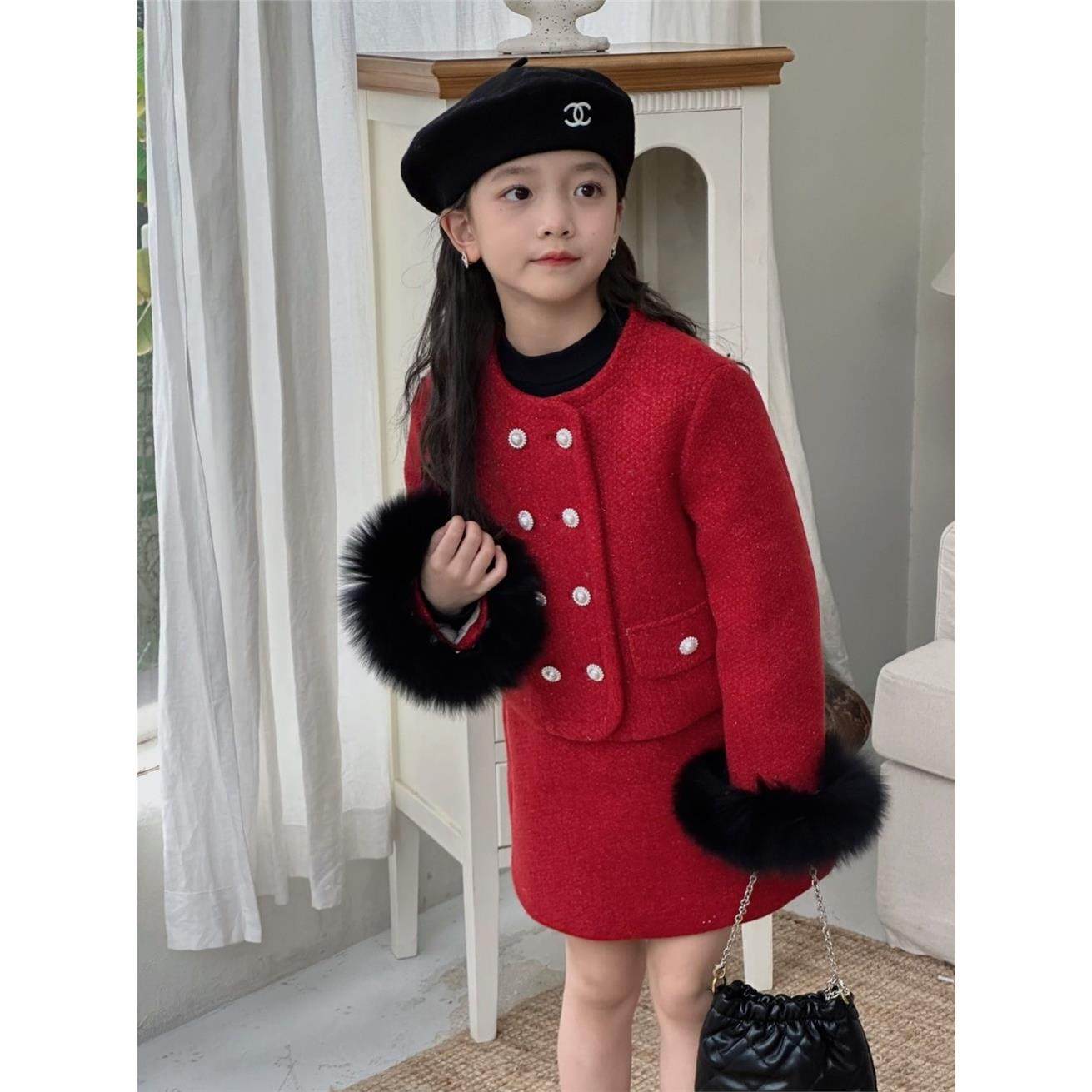 ABC女童小香风套装2024年冬季新款狐狸毛粗花呢夹棉加厚半身裙两,淘宝优惠券,粉丝福利购,淘宝优惠卷