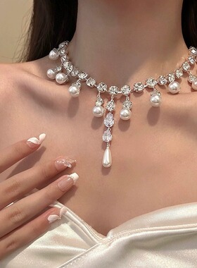 锆石水滴珍珠流苏项链夸张华丽