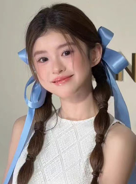 韩系甜美蓝色蝴蝶结飘带发夹女