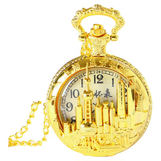 老式金色怀表东方明珠上海旅游景点纪念品翻盖石英项链挂表镂空表