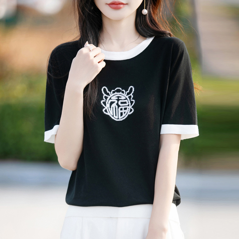 2025款福字冰丝短袖t恤女夏薄款拼色针织半袖休闲简约百搭上衣女 - 图2