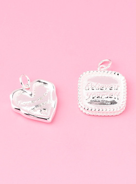 s925银素银实心相信自己英文方牌吊坠心形锁骨链挂件精工时尚配件