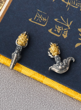 S925银复古重工实心大黑天镀金色降魔金刚杵金刚钺横穿挂件吊坠