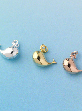 S925纯银吊坠女 小鲸鱼挂坠 黄金色实心鲸鱼挂件 diy项链坠子配件