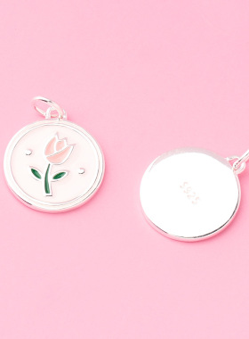 s925银滴胶白色郁金香圆牌吊坠滴釉粉色圆形吊牌diy项链银饰配件