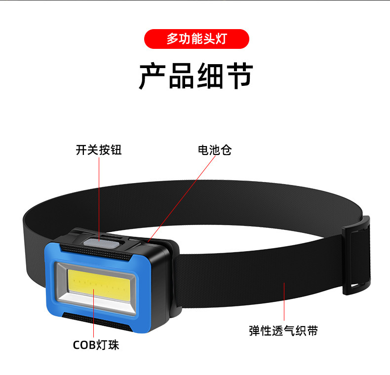 新款塑料干电池头灯 3AAA电池COB多功能礼品灯强光头戴式电筒