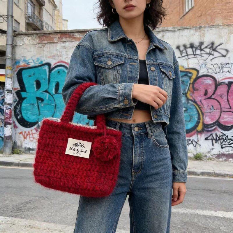 钩织DIY编织材料包红色毛线手提包手工制作毛球装饰送闺蜜朋友潮,淘宝优惠券,粉丝福利购,淘宝优惠卷