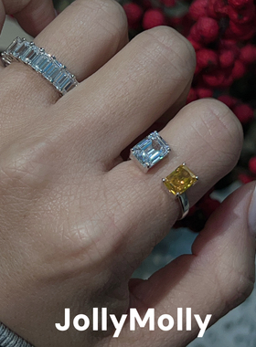 JollyMolly925银原创设计轻奢礼物百搭重工高碳钻开口金光银缕戒