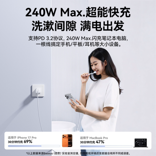 baseus倍思石墨烯抗脏线适用iPhone17ProMax数据线手机140WPD快充16双typec接口iPad平板ctc1.8米15充电器线 - 图1