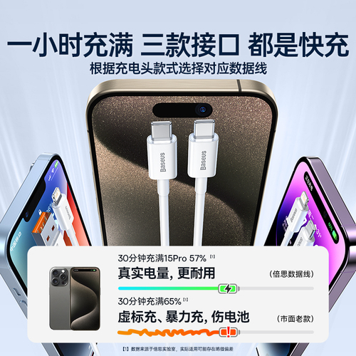 倍思适用苹果15数据线iPhone14充电线器13手机12promax快速7车载6s加长11XR冲电8plus短ipad闪充PD快充6平板