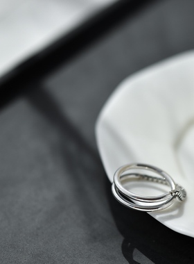 纯银双环可调节戒指男女链条个性