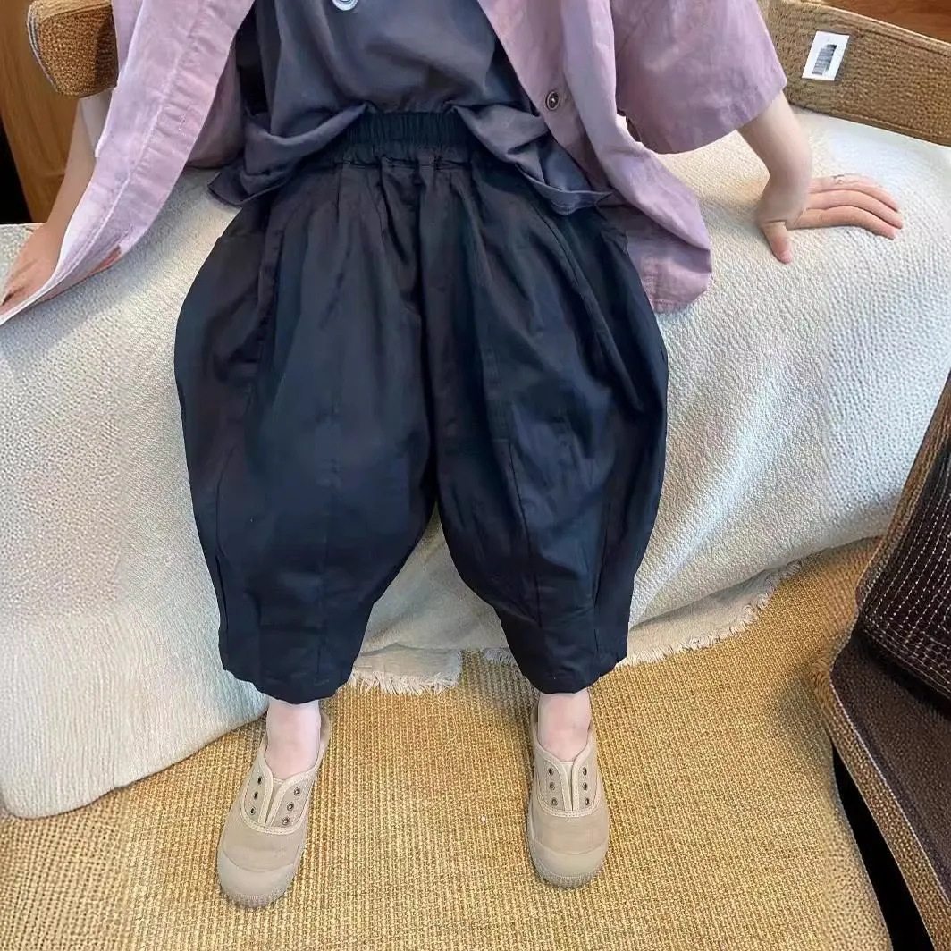 儿童裤子韩版夏季新款女童纯色休闲阔腿九分裤男童洋气百搭哈伦裤,淘宝优惠券,粉丝福利购,淘宝优惠卷
