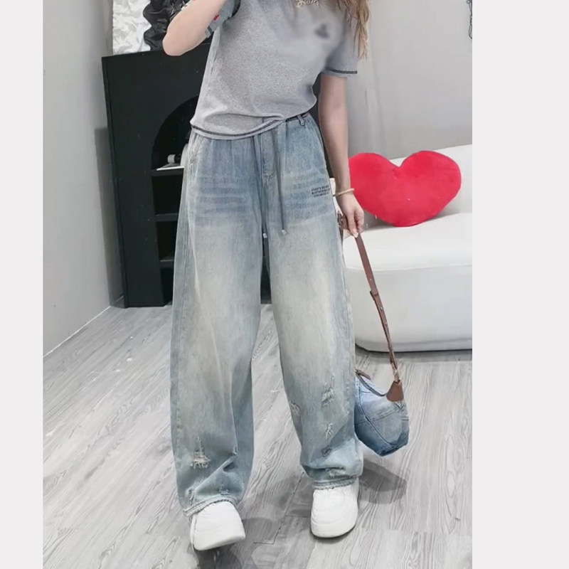 欧货潮复古破洞宽松阔腿牛仔裤女秋冬新款松紧腰系带休闲高腰长裤,淘宝优惠券,粉丝福利购,淘宝优惠卷