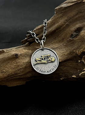 925银做旧骷髅圆币吊坠男泰银币复古街头潮嘻哈圆牌硬币挂坠配饰
