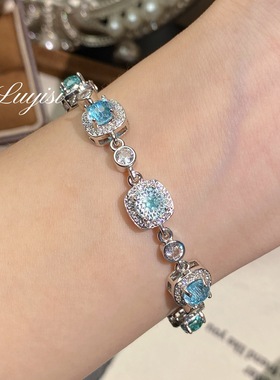 新款托帕石烟花切海蓝宝手链轻奢时尚高碳钻坦桑蓝公主方包手链