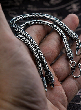 925泰银复古编织龙骨手链男士帅气百搭手工麻绳链银饰S扣一件起批