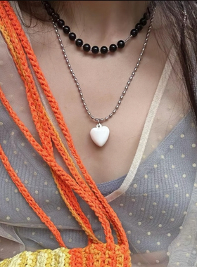 韩国小众设计Denu尹恩惠同款黑色玛瑙串珠  裴秀智白色爱心项链女