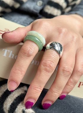 新中式天然石粉晶石极简个性细圈叠戴戒指  玛瑙素圈不褪色指环