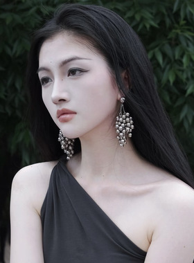 925银针周美美同款夸张时髦设计感串珠流苏葡萄耳钉  显脸瘦耳环