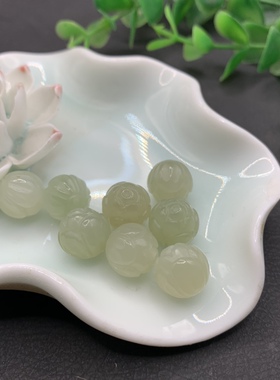 天然和田玉莲花珠晴水色12mm莲花珠散珠子手工雕刻荷花珠diy手串