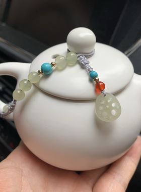 和田玉莲藕片杯盖防掉绳防烫拴茶壶专用绳壶盖挂饰壶钮小挂件通用