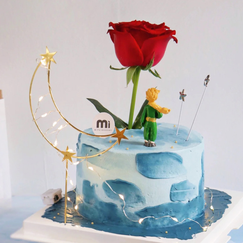 情人节玫瑰花小王子摆件发光铁艺星星月亮蛋糕装饰甜品烘焙配件z-图2