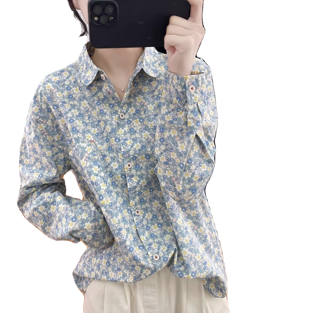 Yuanbao collar ຝ້າຍບໍລິສຸດຂະຫນາດນ້ອຍ floral ເສື້ອແຂນຍາວຂອງແມ່ຍິງເກົາຫຼີວ່າງອາຍຸການຫຼຸດຜ່ອນການເທິງ retro slimming bottoming ເສື້ອພາກຮຽນ spring
