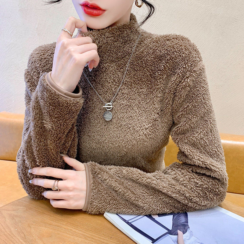 双面珊瑚绒高领长袖T恤女打底衫2025冬季新款百搭加厚毛毛保暖衣,淘宝优惠券,粉丝福利购,淘宝优惠卷