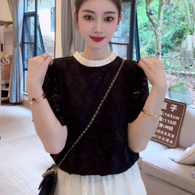 ເສື້ອຍືດແຂນສັ້ນ lace collar lace temperament ຂະຫນາດໃຫຍ່ຂອງແມ່ຍິງ