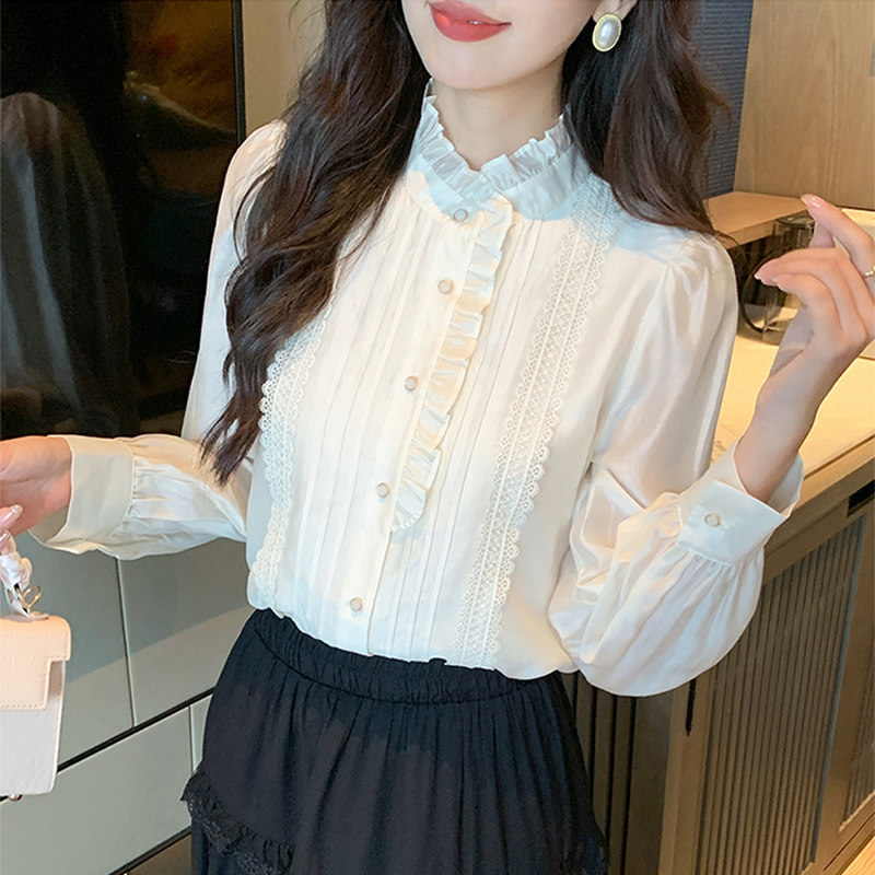 法式高级感木耳边长袖立领衬衫女2025春季新款别致减龄气质白上衣