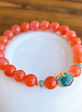 缘绘凤仪 天然南红手链8Mm珠 925银镀金a货蓝水翡翠如意小清新