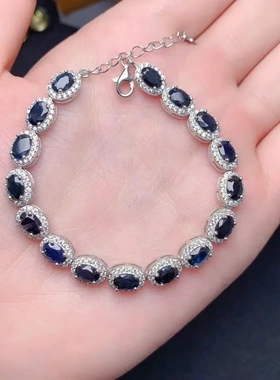 缘绘凤仪 天然山蓝蓝宝石4*6手链 无加色 925银精工镶嵌手镯