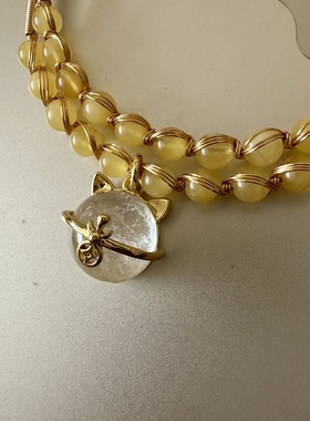 缘绘凤仪 天然蜜蜡珠 14K包金线编织手环天然水晶招财猫 双圈手串