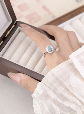 缘绘凤仪 S925纯银蓝水翡翠绿翡翠复古轻奢太阳花蛋面戒指戴妃款