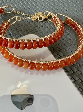缘绘凤仪 天然红翡手镯 镀金14K丝线缠绕手镯  珠直径4*6 水头好