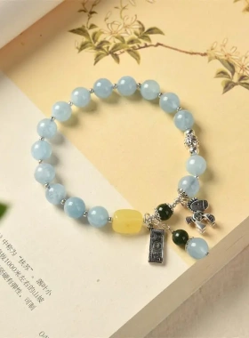 缘绘凤仪 天然海蓝宝手串 女式复古s925银马上有钱海蓝宝手链女