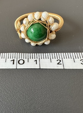 缘绘凤仪 包金14k绕线 干青玉石淡水珍 珠 女式开口戒指