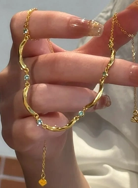 缘绘凤仪 波浪形拼接锁骨链女气质复古高级感微镶蓝钻项链冷淡风