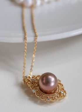 缘绘凤仪 简约近正圆淡水爱迪生珍珠镶嵌复古雕花镶嵌吊坠项链