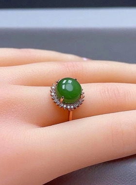 碧玉戒指925银镶嵌碧玉女士戒指 满钻镶嵌和田玉圆形女士玉戒指