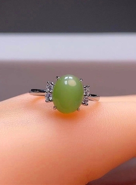 碧玉戒指925银镶嵌碧玉猫眼女戒 浅绿色碧玉猫眼活口女士玉戒指