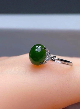 碧玉戒指925银镶嵌碧玉戒指 蝴蝶款女士绿色活口可调节银戒指