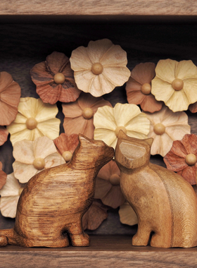 〈猫咪流浪记 花开相爱〉原创手工雕刻木猫小花相框摆件泽无木作