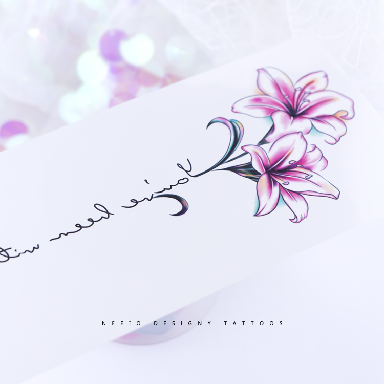 neeio纹身贴 ins风百合花英文 小清新彩色仙后背脊柱大图案防水女 - 图1