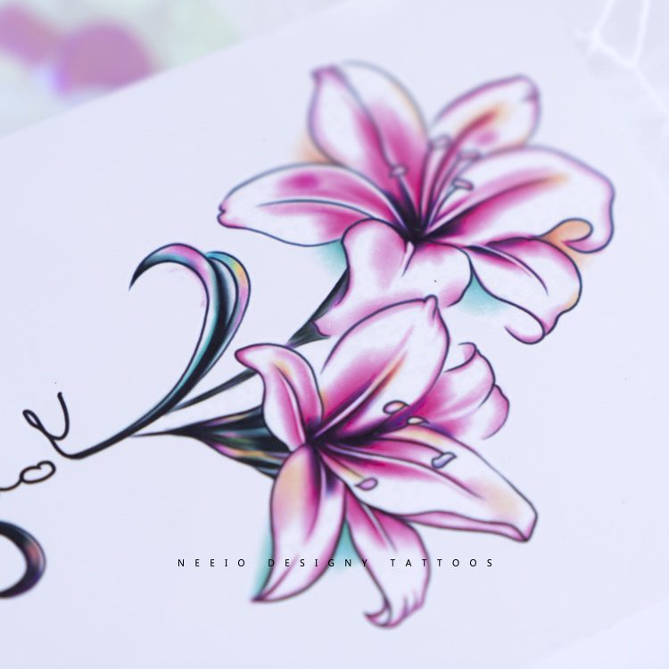 neeio纹身贴 ins风百合花英文 小清新彩色仙后背脊柱大图案防水女 - 图2