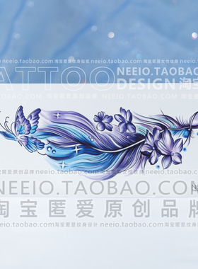 neeio纹身贴 蓝色花朵蝴蝶蝶羽毛腹部肚子小腿遮盖疤痕性感防水女